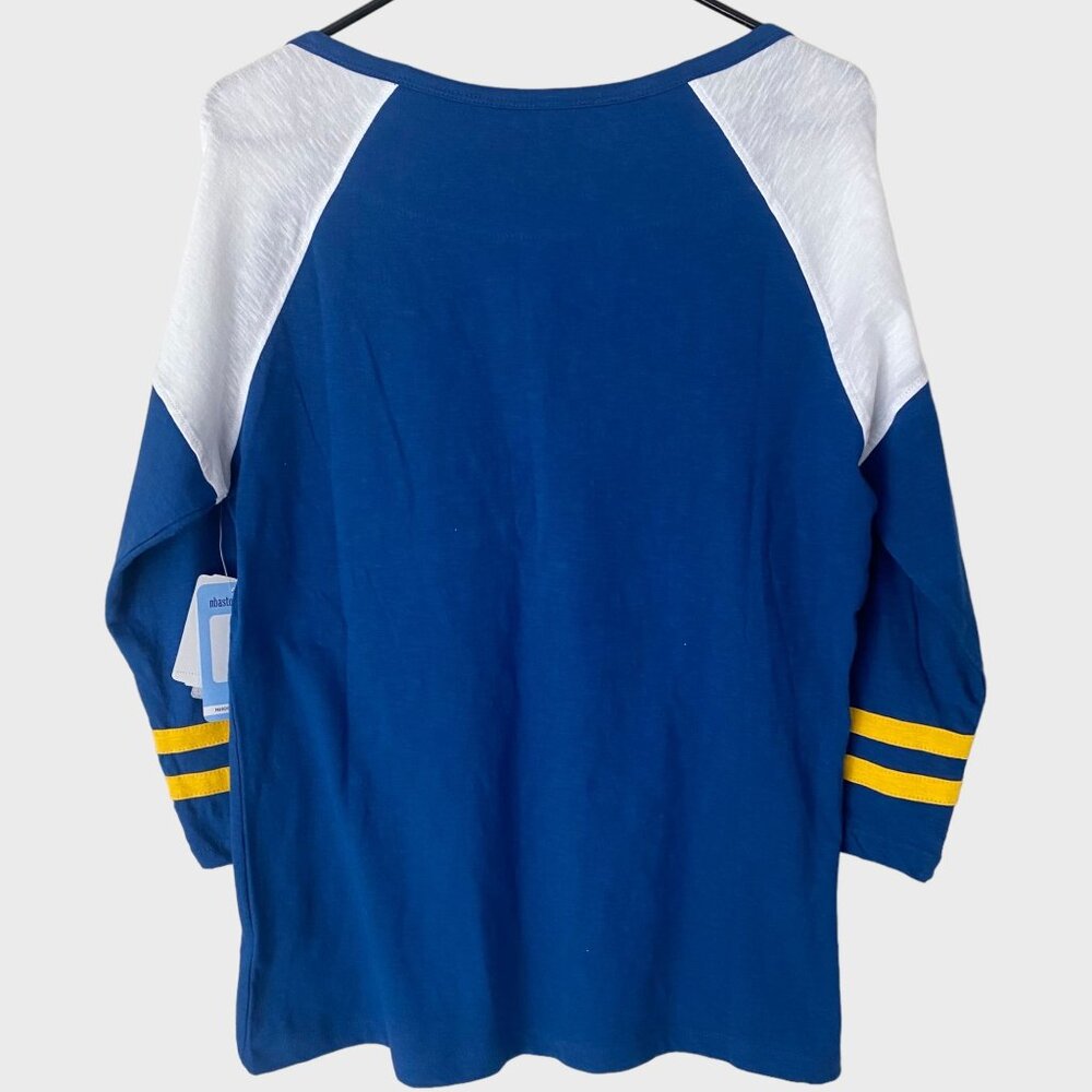 NBA Golden State Warriors Slub Slit Neck Shirt Blue Womens Large 3/4 Sleeves New - Picture 3 of 13
